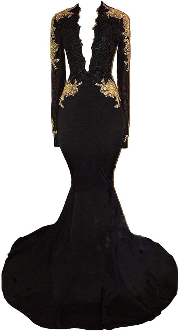 graceprom Women's 2024 Backless Mermaid Prom Dresses Gold Lace Appliques Side Slit Long Sleeves Evening Gown