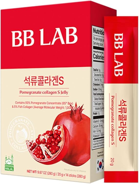 BB LAB Pomegranate Collagen S Jelly Halal, Pomegranate Collagen Sticks - Vitamin A & E for Skin Glow, Hair & Nails Korean Beauty Jelly - 20g of 14 Sticks