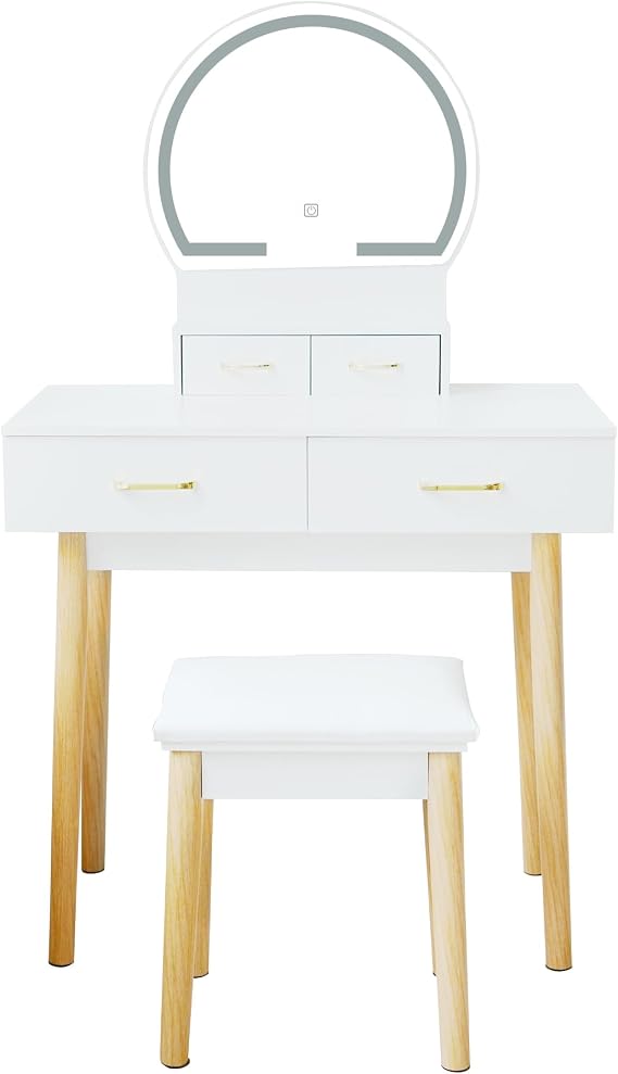 Alivio Hollywood Glam Dressing Table Set with Round Mirror LED Lights - Vanity Makeup Table, 81 x 41 x 133cm, White