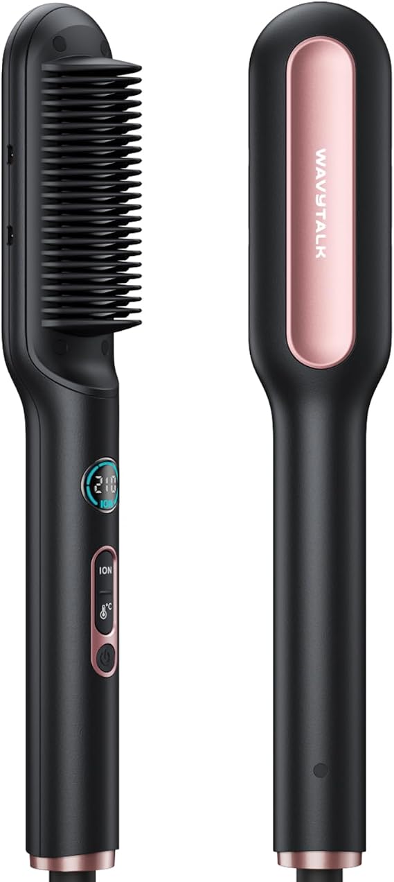 Wavytalk Hair Straightener Brush, Ionic Straightening Brush 2 in 1 UK Plug | Anti-Scald Ceramic Straightener Comb with LED Display for Home Salon and Sleek Sweep, Dual Voltage