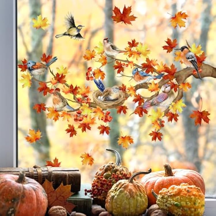 Autumn Maple Leaf Window Clings Double-Sided Thanksgiving Tree Branches with Birds & Nest, Removable Fall Glass Door Stickers for Home Bedroom Living Room Farmhouse Decor