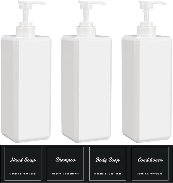 Suream 33.8 oz Refillable Pump Dispenser Bottle, 3Packs Large Shower Bottle Organizer with 4PCS Lables for Shampoo, Body Soap, Hand Soap, Conditioner, for Bathroom, Kitchen, Hotel, Salon, SPA