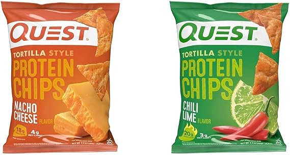 Quest Nutrition Tortilla Style Protein Chips, Low Carb, Nacho Cheese 1.1 Ounce (Pack of 12) & Tortilla Style Protein Chips, Chili Lime, Baked, 1.1 Oz, Pack of 12