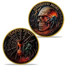 Imasoner Memento Mori Coin Stoic Philosophy Challenge Coin with Skull, Hourglass & Spider Double-Sided Tempus Fugit Design EDC Pocket Token, Inspirational Gift for Thinkers & Minimalists