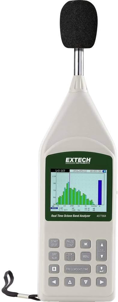 Extech 407790A Real Time Octave Band Analyzer - 1/1 and 1/3 Octave Filters, Real-Time Sound Level Meter, Built-in Data Logging, Large LCD Display, USB Interface, Meets ANSI & IEC Standards