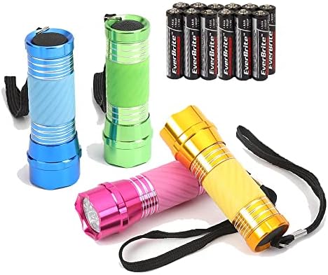 EverBrite 4-Pack Mini LED Aluminum Small Flash Light Colors Assorted for Hurricane Supplies with Handle Glow in Dark