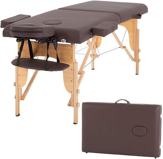HHS Massage Table Portable Massage Bed Lash Bed Folding Professional Spa Bed 73 Inch Height Adjustable Salon Bed Facial Tattoo Bed with Face Cradle, Headrest and Carry Case, 450LBS, Brown