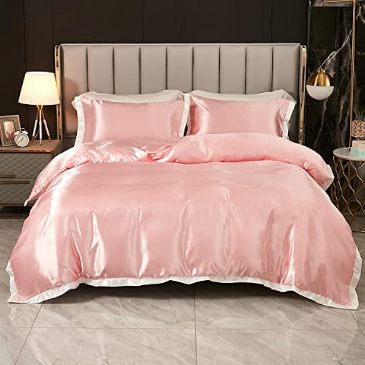 Pink Satin Duvet Cover King Silk Like Satin Bedding Silk Like Pink Comforter Cover White Ruffle Silky Bedding Sets King 1 Duvet Cover 2 Pillow Shams King, Pink