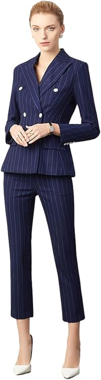 Women's Stripe Double Breasted Buttons Suit Set Business Long Sleeves Jacket and Pants for Banquet Speech