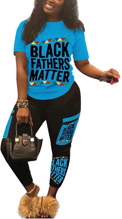Women 2 Piece Outfits Short Sleeve Black Fathers Matter T-Shirt Bodycon Pants Set Tracksuit Jumpsuit