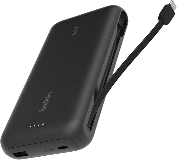 Belkin Taşınabilir Şarj Cihazı, 20K Entegre Kablolu Taşınabilir Güç Kaynağı, 30 W Güç İletimli Hızlı Şarj, USB-C, iPhone 17, iPad Pro, Galaxy S25 Serisi ve Daha Fazlası, Siyah