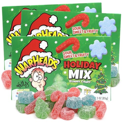 Warheads Holiday Mix Christmas Gummies, Sour Fruit Flavored Candy, Festive Stocking Stuffer, 3 Ounces Pack of 3