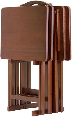 Solid Wood Folding TV Trays Set Includes 4 Small Folding Tables and Storage Rack, Compact TV Tables for Eating Or Dinner Tray Table at Home in Walnut Finish