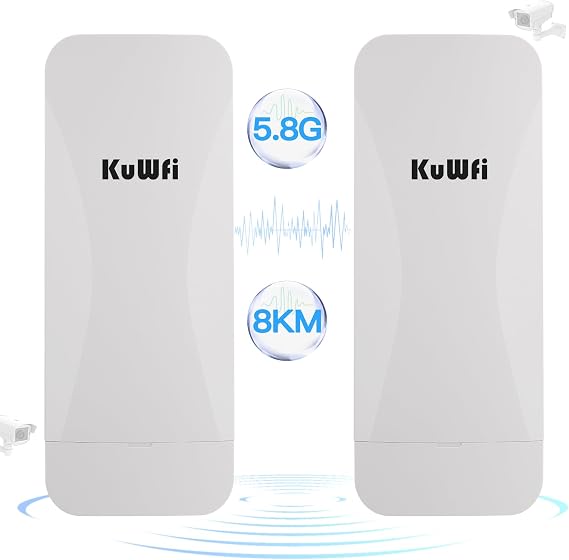 KuWFi 5.8G Outdoor WiFi Bridge, 8KM Long Range, Gigabit LAN, 18dBi Antenna | 900Mbps PTP/PTMP, RJ45 Gigabit Port, 48VPoE/DC12V, IP65 Waterproof, 4KV Lightning Protection, 128 Users, Remote Cloud Service