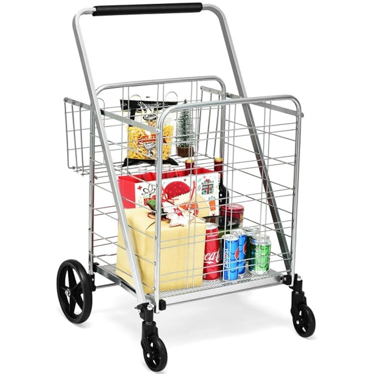 Safeplus Foldable Shopping Cart, Heavy Duty Utility Cart with Rolling Swivel Wheels&Double Basket, Grocery Cart for Grocery Laundry Book Luggage Travel