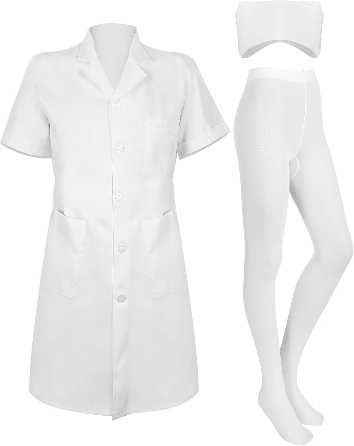 Hercicy Nurse Dress Costume Set for Women White Short Sleeve Medical Lab Coat Nurse Cap Footed Pantyhose Halloween Cosplay