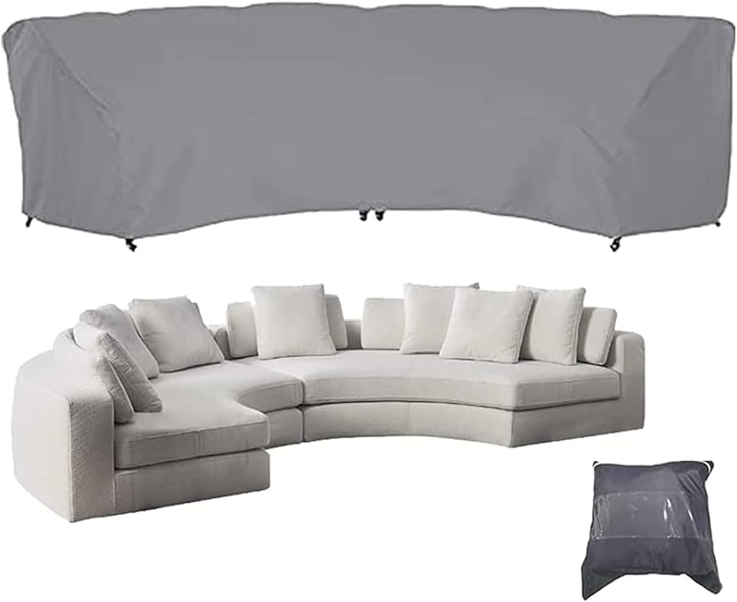 Curved Sofa Cover Outdoor Couch Sectional Protector Waterproof Half Moon Sofa Set Cover with Windproof Elastic Cord for Garden Lawn Indoor Grey 89.7x45.6x33.8in228x116x86cm