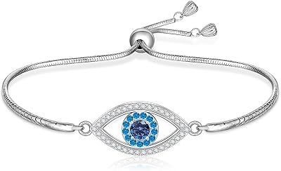 Talonior Evil Eye Bracelets 925 Sterling Silver Blue Evil Eye Bracelet for Women Dainty Greek Adjustable Protection Slide Chain Jewelry