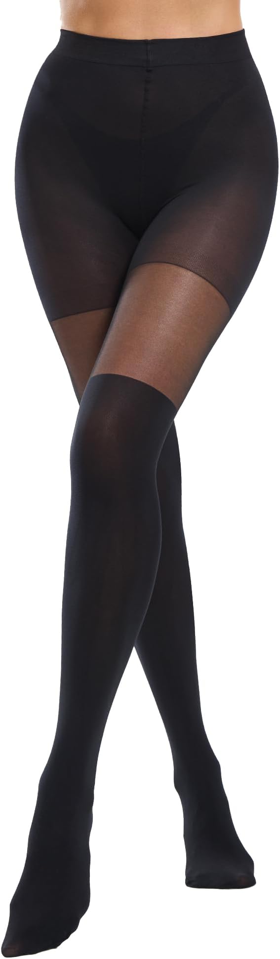 Faux Thigh High Tights for Women - Black Over Knee Goth Tights Featuring Sheer and Opaque Splicing Pattern Design