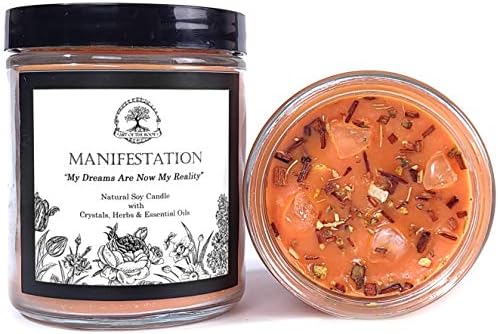 Manifestation Affirmation Candle | 9 oz Natural Soy Wax & Citrine Crystals, Herbs & Essential Oils | Dreams, Wishes, Law of Attraction Rituals