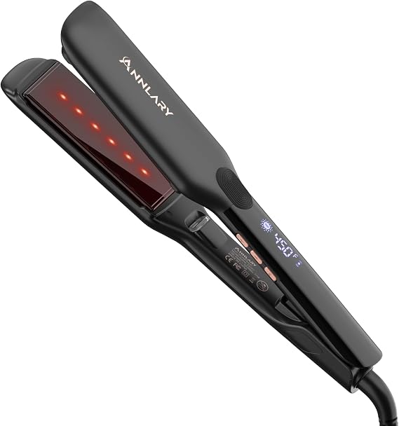 ANNLARY Hair Straightener, 1.75 Inch Flat Iron with Infrared and Ionic Technology, Titanium Plate with Ceramic Coating Dual Voltage Straightener with Heat-Resistant Silicone for All Hair Types