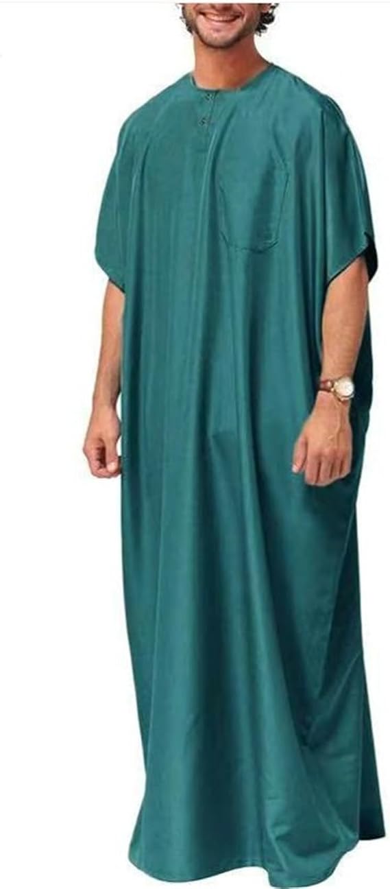 Men's Saudi Arabic Thobe Jubba Dishdasha Short Sleeve Robe Dubai Ramadan Muslim Dress Middle East Islamic Clothing