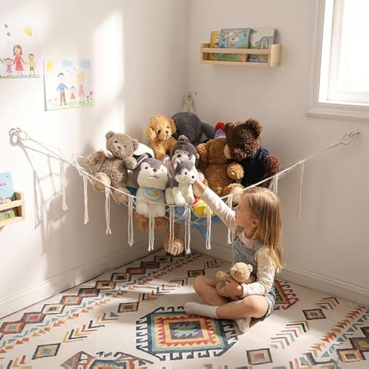 Stuffed Animals Hammock Corner Hanging Net Macrame Stuffed Animal Storage Plush Toy Holder Toy Organizer for Boho Nursery Playroom Bedroom Kids Room cream, Large