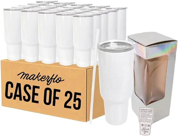 makerflo 40 oz White Sublimation Blank Tumbler Pack of 25 with Lid and Straw | Craft-Ready for DIY Gifts & Personalization (Sublimation, Epoxy, UV DTF, Vinyl, and Laser Engraving)