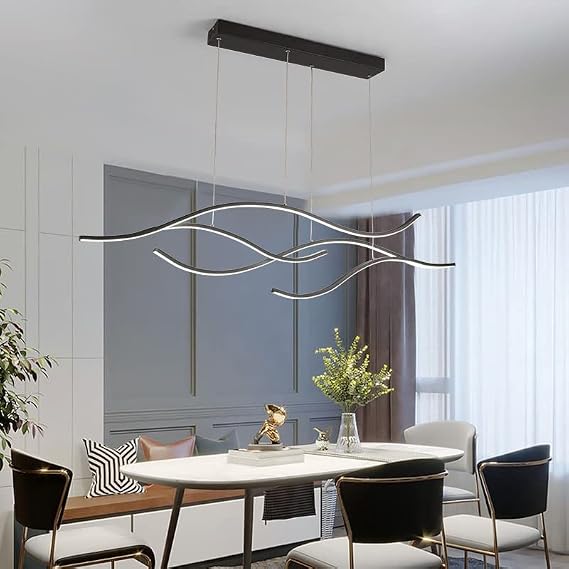 Modern LED Linear Wave Chandelier - Dimmable Branch Pendant Light for Kitchen, Living Room, Dining Room (Black)