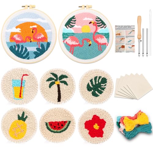 Sukhumvit 8PCS Punch Needle Coaster Kit, Beginners Adults Punch Needle Set with 8 Hawaiian Flamingos Tufted Patterns, Includes Yarn, Hoop&Pads, Starter Embroidery Kit DIY for Coaster & Home Decor