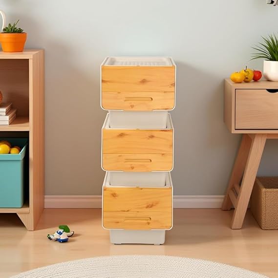 Stackable Toy Storage Box on Wheels with Front Lid – Plastic Storage Containers for Toys, Snacks, Clothes, Multi-Purpose Tower Organiser for Kitchen, Bathroom, Bedroom (Cream-Bamboo, 3x12LT)