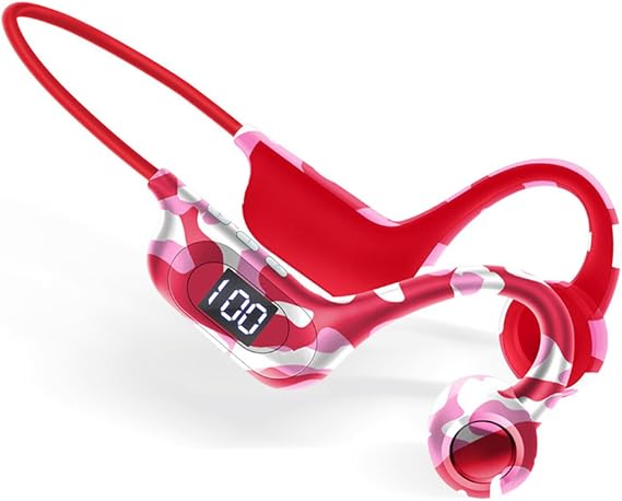 Bone Conduction Headphones, 18H Playtimes Wireless Headphones with Mic, Sport Earphones, Sweatproof Headset & LED Display Charging for Workout, Hiking,Running, Cycling, Walking (Red)