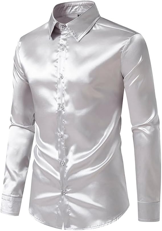NewL Men's Silk Satin Dress Shirts Party Prom Wedding Night Club Shirt | Silky glossy satin & shiny metallic fabric, long sleeve button-up design, sleek elegant cut, ideal for wedding, prom, banquet