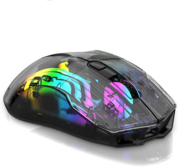 Docooler Wireless Gaming Mice with Transparent Crystal Shell, Tri-Modes(USB Wired+2.4G Wireless+Bluetooth), 3600DPI Adjustable E-Sports Mice, RGB Slient Mouse with Ergonomics Design - White/Black