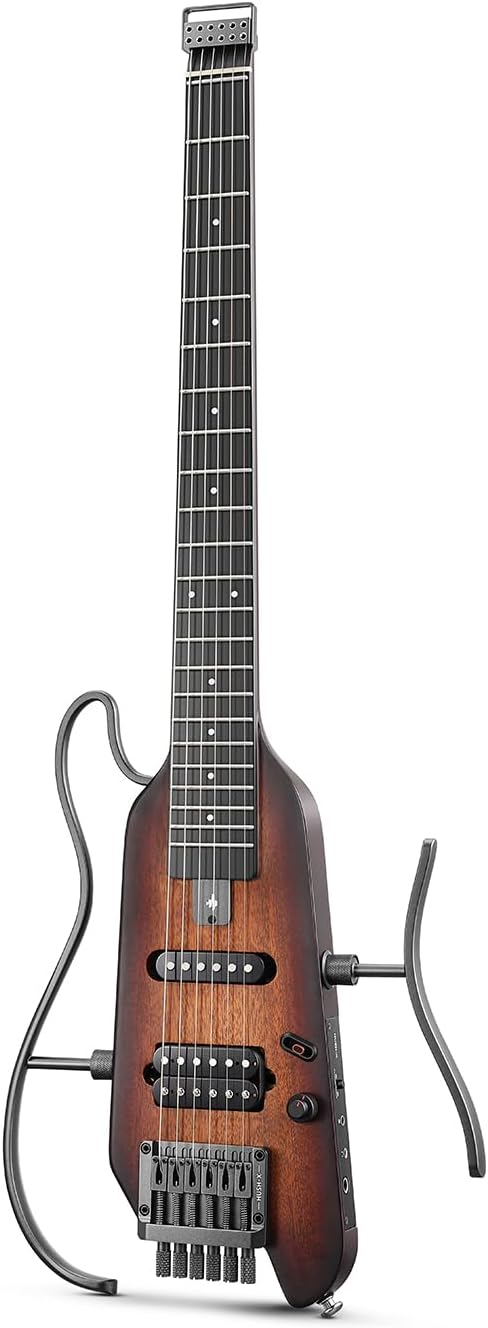 Donner HUSH-X Electric Guitar Kit - Featherlight Headless Guitar, Great for Travel and Application, Mahogany Solid Body with Easy Mounting Stand, Concert Bag, All Accessories, Sunburst