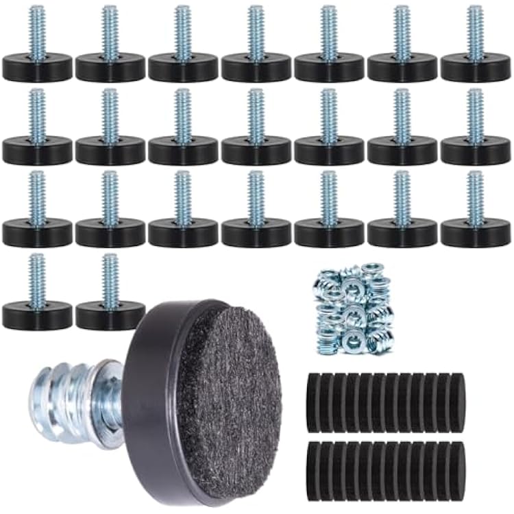 24 Pack 14-20 Thread Adjustable Furniture Levelers with Self-Adhesive Felt Pads 1 Leveling Feet & Floor Protectors for or Light Duty Stationary Furniture Hardwood Tile Laminate Floors