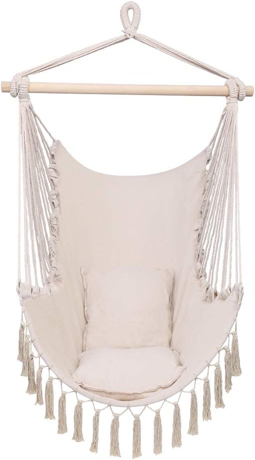 Hammock Chair Hanging Rope Swing Seat Perfect for Indoor, Outdoor, Home, Patio, Garden (Beige)