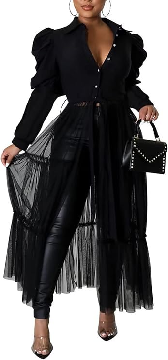 Ekaliy Womens Sexy Blouses Tunic Long Ruffle Sleeve Button Down Shirt Sheer Mesh Maxi Dress with Belt