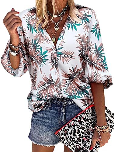 ZXZY Womens Hawaiian Shirts Long Sleeve Tropical Tops Button Down Dressy Casual Blouses