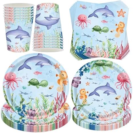 50 Piece Ocean Party Tableware Set Party Tableware Sea Animals Ocean Sea Party Tableware Set Sea Animals Theme Birthday Party with Paper Plates Cups Napkins Sea Decoration Tableware for 10 Ozean Meer Party Geschirr SetMeerestiere Thema Geburtstag Partymit Pappteller Becher ServiettenMeeresdeko Geschirr für 10