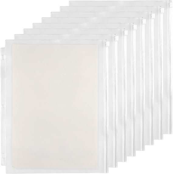 YoeeJob 8 Pack Clear Zipper Binder Pockets for 3 Ring Binders, Clear | Letter-size PVC pockets with 3 holes, zipper closure and clear design for storing papers and school supplies.