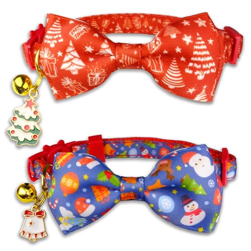 2-Pack Christmas Cat Bow Tie Collars with Bell Festive Breakaway Adjustable Collar Set with Holiday Tree & Bell Charms, Red & Blue Santa and Snowman Patterns for Small to Large Cats and Kittens