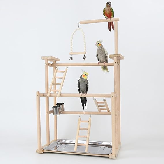 Bird Playground, Beech Wood Parrot Stand Parakeet Playground Cockatiel Stands Rack Bird Perch Stand with 3 Ladders A Swing A Tray and Feeder Cups for Most Mid-Sized and Small-Sized Birds