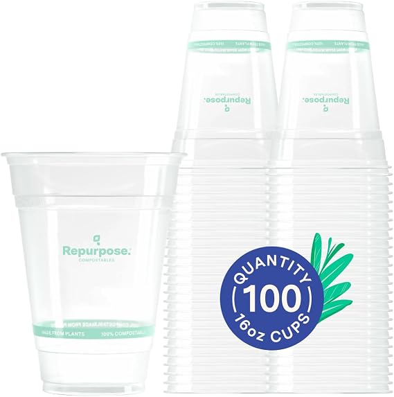 Repurpose 100% Compostable Plant-Based Clear Cold Cups, 16oz, 100ct