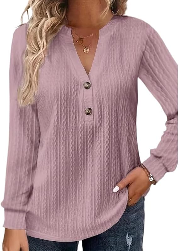 Button Down Shirt for Women Long Sleeve V Neck Henley Shirt Womens Spring Fashion 2025 Solid Color Loose Casual Blouse