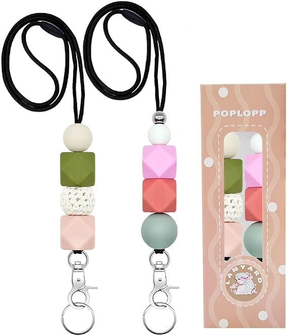 2PCS Cute Lanyards for Id Badges and Keys for Women Teacher,Durable Silicone Beaded Breakaway Lanyard with Keychain for Nurse Students Employees Office Worker