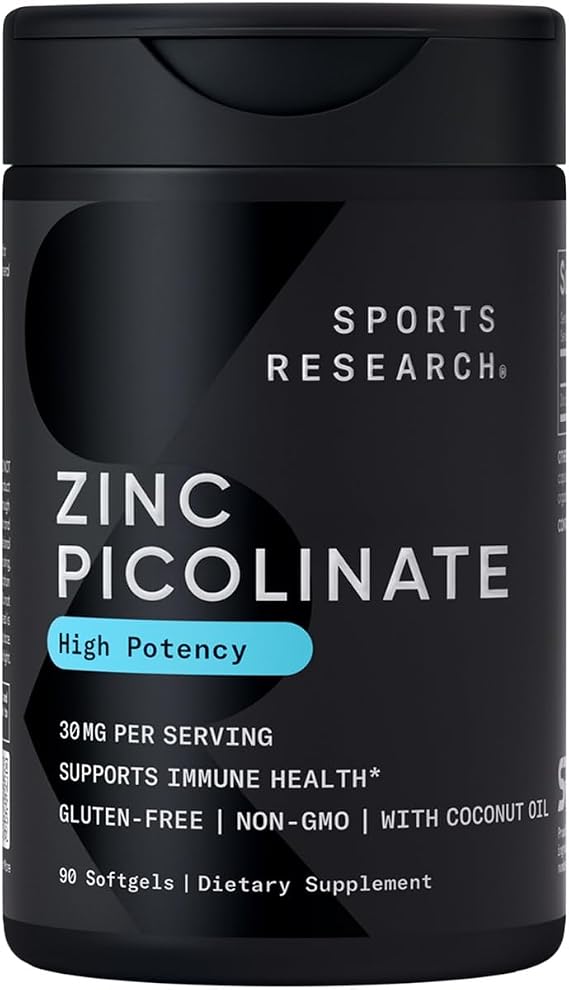 Sports Research Zinc Picolinate 30mg w/Organic Coconut Oil, 90 Softgels