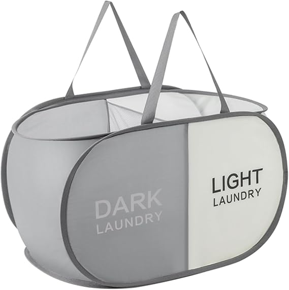 TECHMILLY Collapsible Laundry Basket Durable Pop Up Hamper with 2 Compartments for Sort and Storage, Portable Dirty Clothes Hamper for Dorm, Laundry Room or Travel (Grey + Begie)