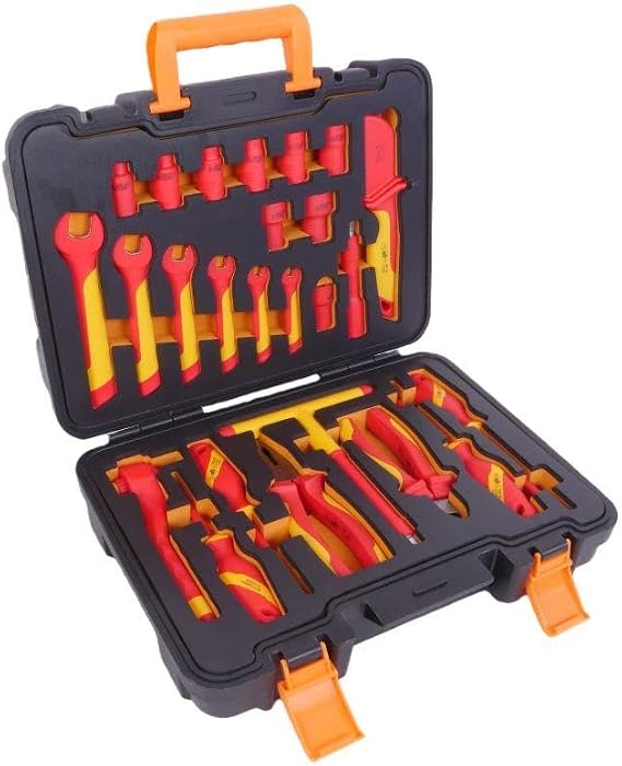 26pc Insulated Tool Kit Electrician Tool Set 3/8 Drive Socket Set Ratchet Extension Bar Pliers Combination and Diagonal Electrical Tools Kit 7 8 10 12 14 15 17 19mm