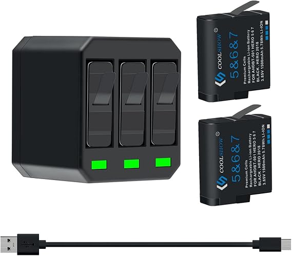 COOLSHOW Hero 7 6 5 Battery Replacement (2 Packs) and Triple Hero 7 Charger Compatible with GoPro Hero 7 Black,Hero 6 Black, Hero 5 Black, Hero 2018 and Charger Compatible with Hero 8